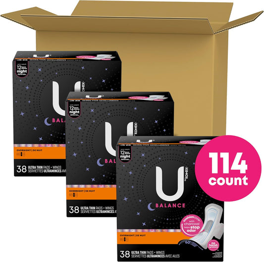 U By Kotex Balance Ultra Thin Overnight Pads With Wings, 114 Count (3 Packs Of 38) (Packaging May Vary)