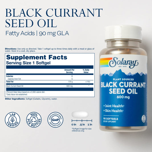 Solaray Black Currant Seed Oil 600Mg With Gamma Linolenic (Gla), Alpha Linolenic (Ala) And Linoleic Fatty Acids - Skin, Hair, Joint Health, And Immune Support - 60-Day Guarantee, 90 Serv, 90 Softgels