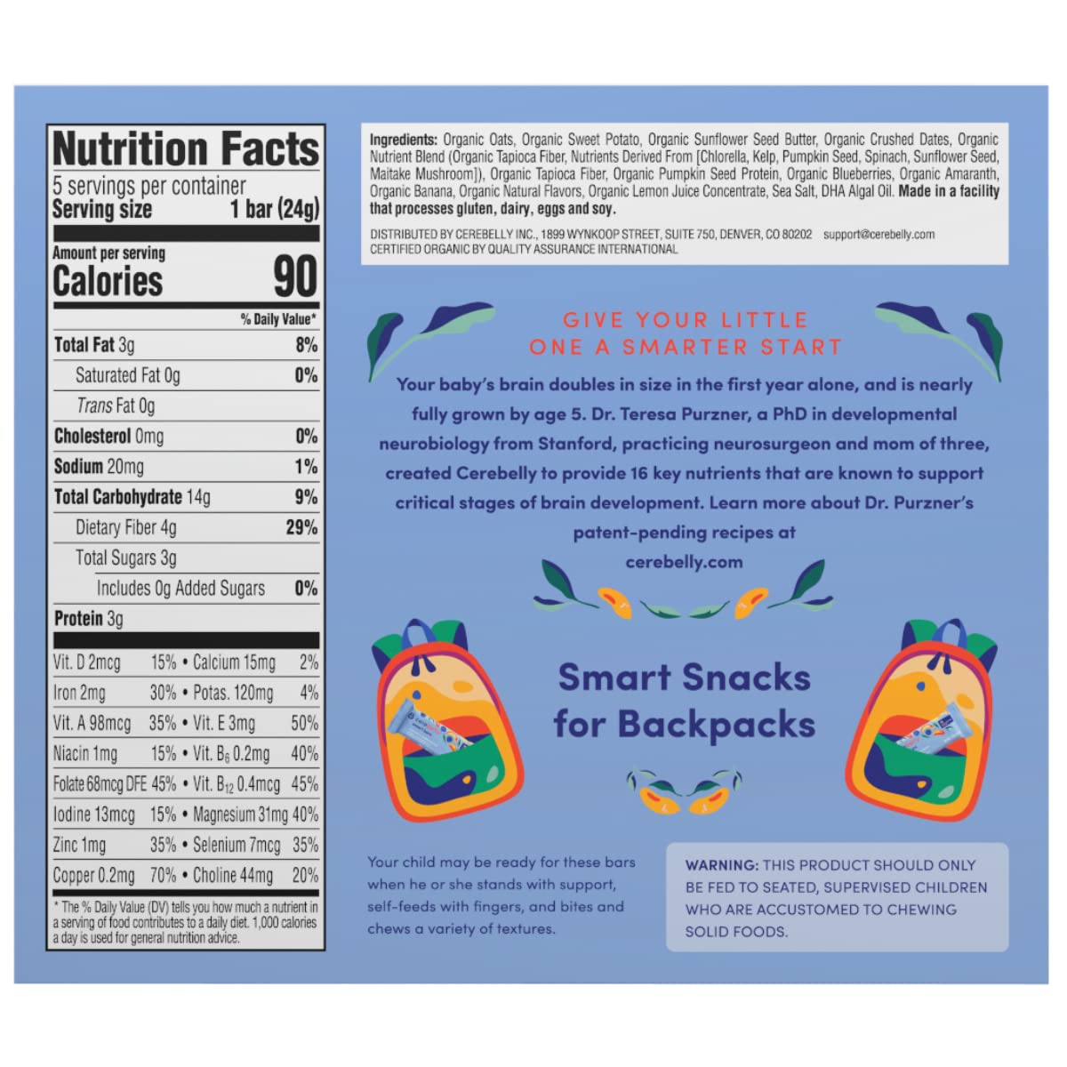 Cerebelly Toddler Snack Bars – Organic Sweet Potato Blueberry Banana Smart Bars (Pack of 5), Healthy Snack Bars, 16 Brain-supporting Nutrients, Made with Gluten Free Ingredients, No Added Sugar : Grocery & Gourmet Food
