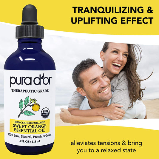 Pura D'Or Organic Sweet Orange Essential Oil (4Oz With Glass Dropper) 100% Pure & Natural Therapeutic Grade For Hair, Body, Skin, Scalp, Aromatherapy Diffuser, Energy, Mood, Vitality, Cleansing, Home