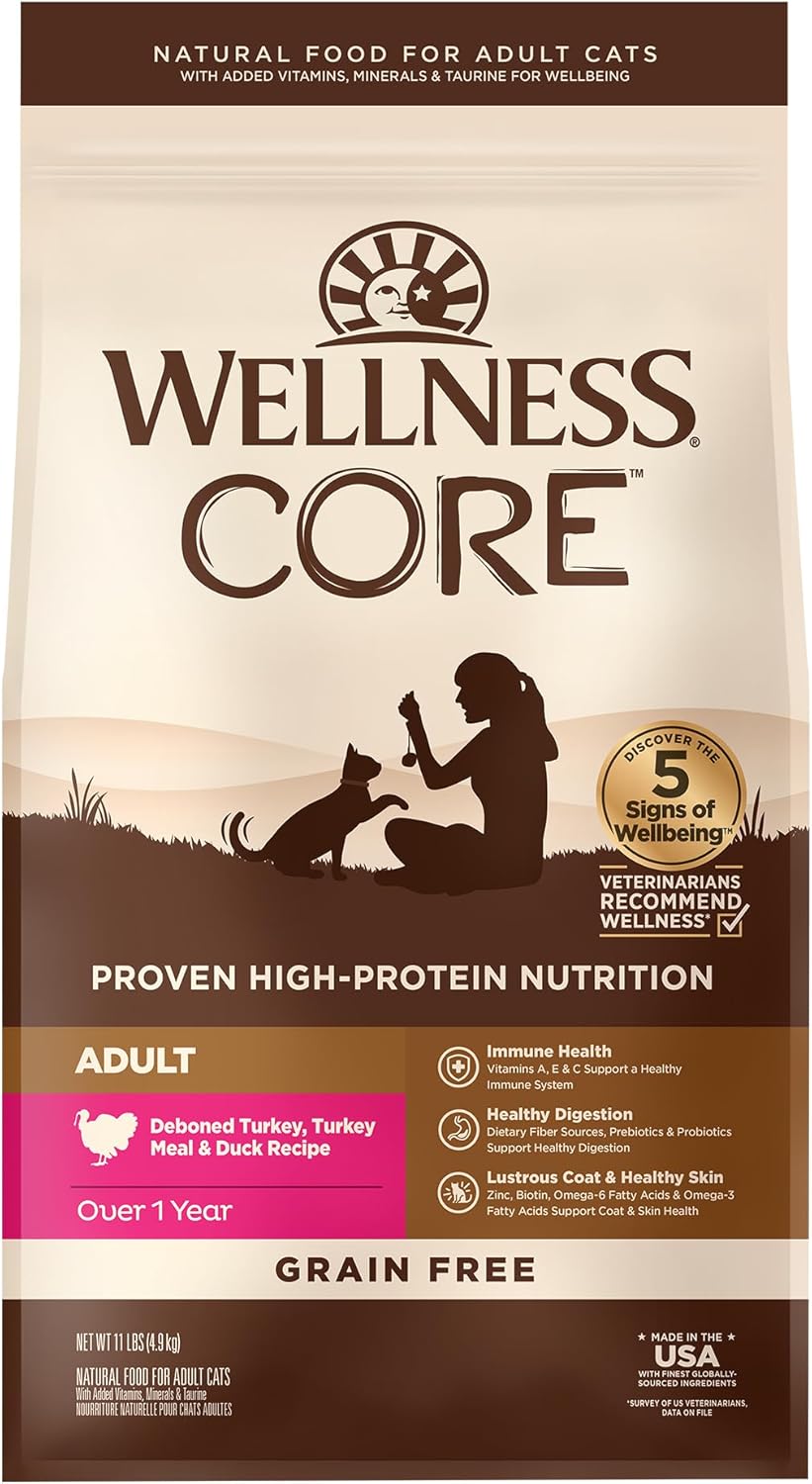 Wellness Core Natural Grain-Free High Protein Adult Dry Cat Food Recipe, Turkey, Turkey Meal And Duck Formula, 11 Pound Bag