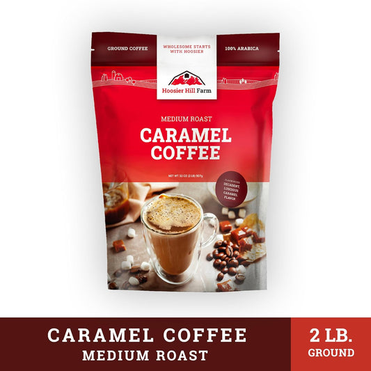 Hoosier Hill Farm Caramel Flavored Ground Coffee, Medium Roast, 32oz (2LB), Resealable Bag