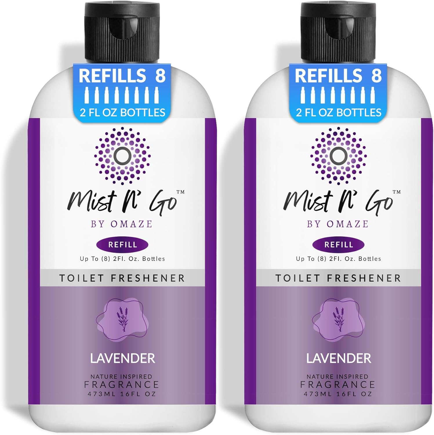 Mist N' Go by OMAZE Bathroom Odor Spray for Toilet Spray Refill Bottle - Multitasking Toilet Spray - Bathroom Spray Odor Eliminator for Strong Odors | Lavender, 16oz (2 Pack)