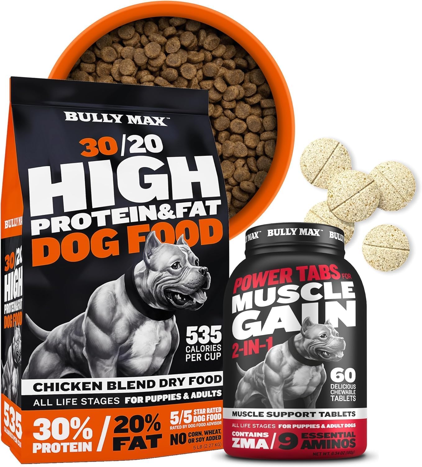 Bully Max High Protein Dry Dog Food & Chewable Tablets Bundle For Muscle Building - Ultimate Canine Muscle Gain Supplement For Puppy, Adult Dogs, Small & Large Breeds - 15 Lbs Dog Food & 60 Tabs