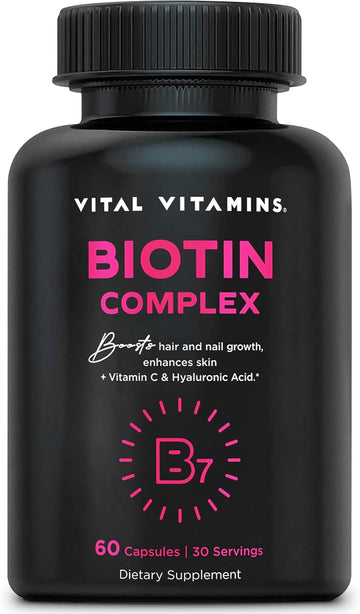 Vital Vitamins Biotin Complex Pills - With Hyaluronic Acid, Msm, Collagen, & Vitamin C - Supplement For Hair, Skin, & Nails - 60 Capsules