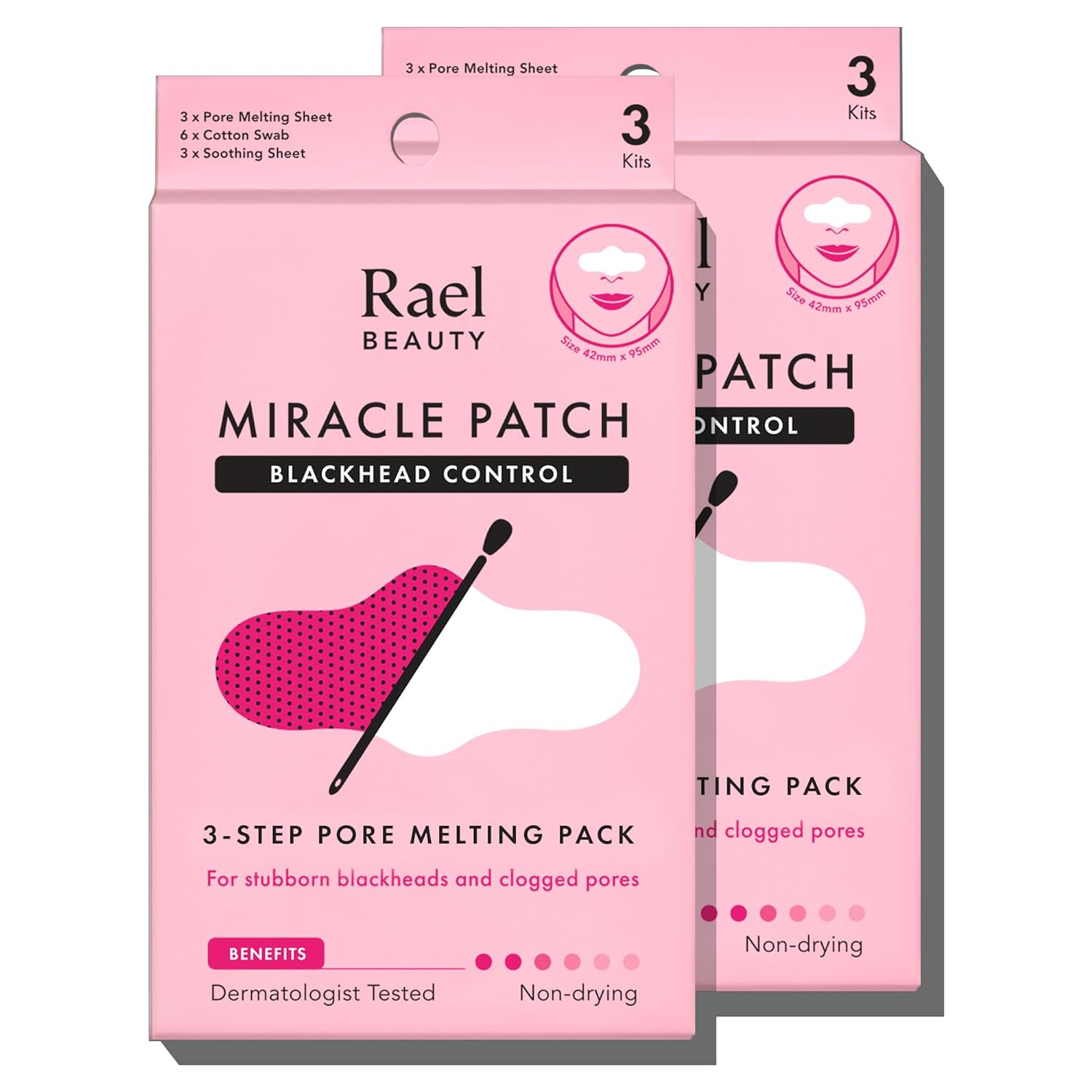 Rael Blackhead Remover, Miracle Patch Melting Pack - Nose Strips for Blackheads, Pore Melting and Soothing Sheets, 3 Step Kit, Sebum Removing Cotton Swabs, Dermatologist Tested (2 Pack)