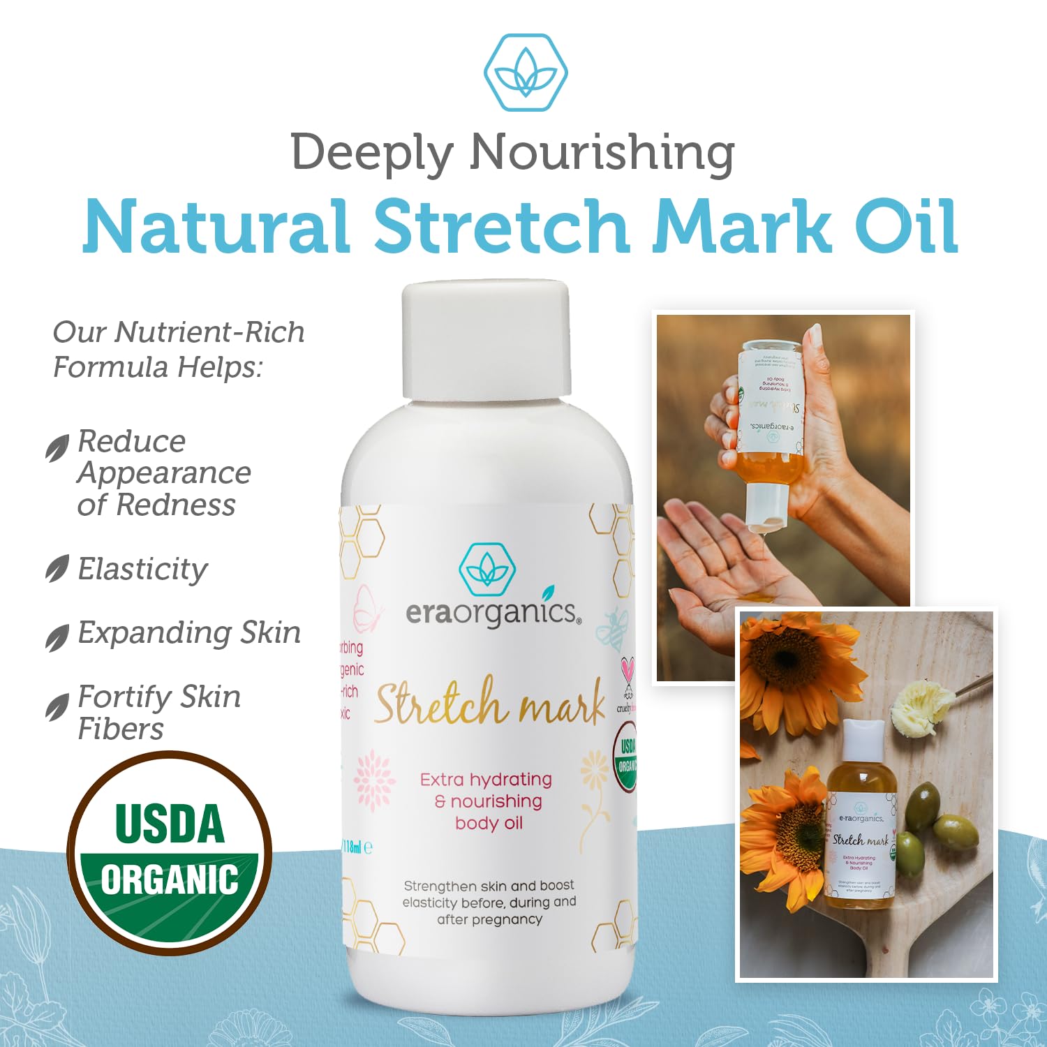 Era Organics Organic Stretch Mark Oil for Pregnancy - Extra Moisturizing Belly Oil for Pregnancy - Pregnancy Oil to Prevent Stretch Marks - Pregnancy Must Haves : Beauty & Personal Care