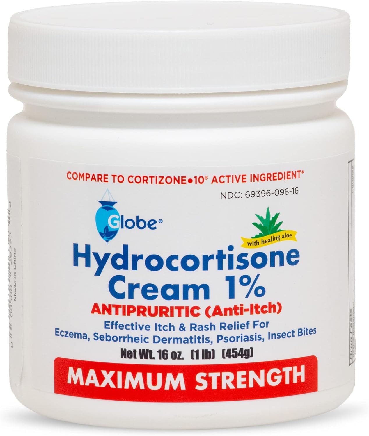 Globe Hydrocortisone Maximum Strength Cream 1% W/Aloe, 16 Oz, Anti-Itch Cream For Redness, Swelling, Itching, Rash, Bug/Mosquito Bites, Eczema, Hemorrhoids & More, 16 Oz Jar