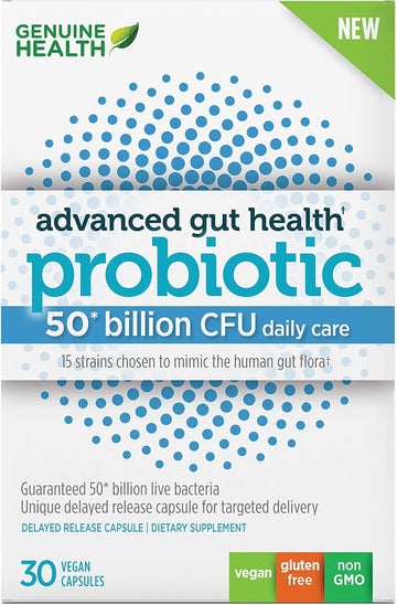 Genuine Health Probiotics, 50 Billion Cfu, Daily Care, 15 Diverse Strains, Soy Free, Gluten Free, Vegan Delayed-Release Capsules For Advanced Gut Health (60 Count)
