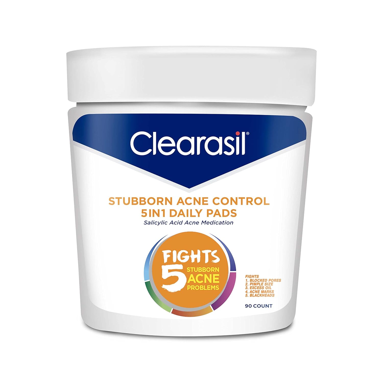 Clearasil Stubborn Acne Control 5In1 Daily Facial Cleansing Pads, With Salicylic Acid Acne Treatment Medicine, 90 Count