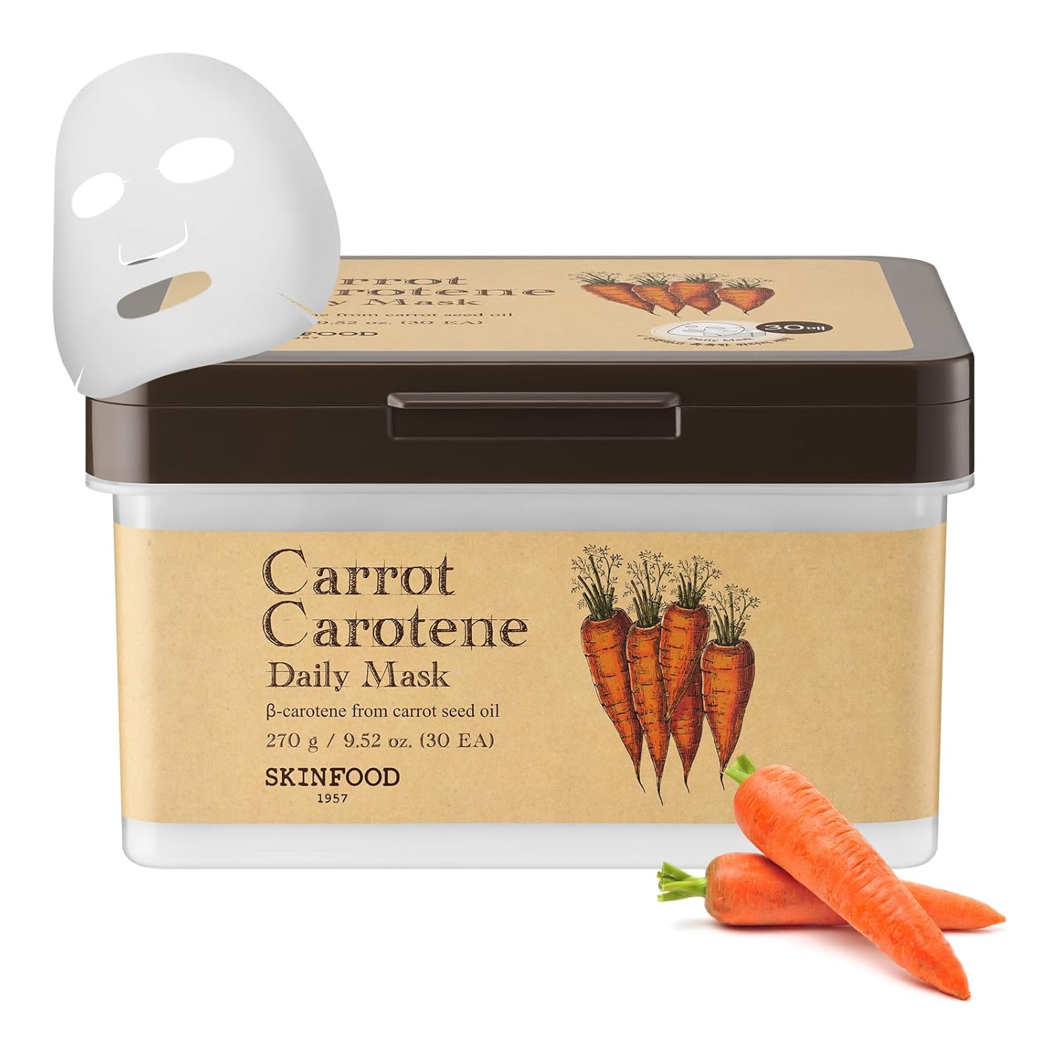 Skinfood Carrot Carotene Daily Sheet Mask, Korean Skincare Hack, 5-Minute Quick Hydrating, Soothing & Moisturizing Face Mask For Dry Skin, Redness Relief, Bulk Pack (30Ea)