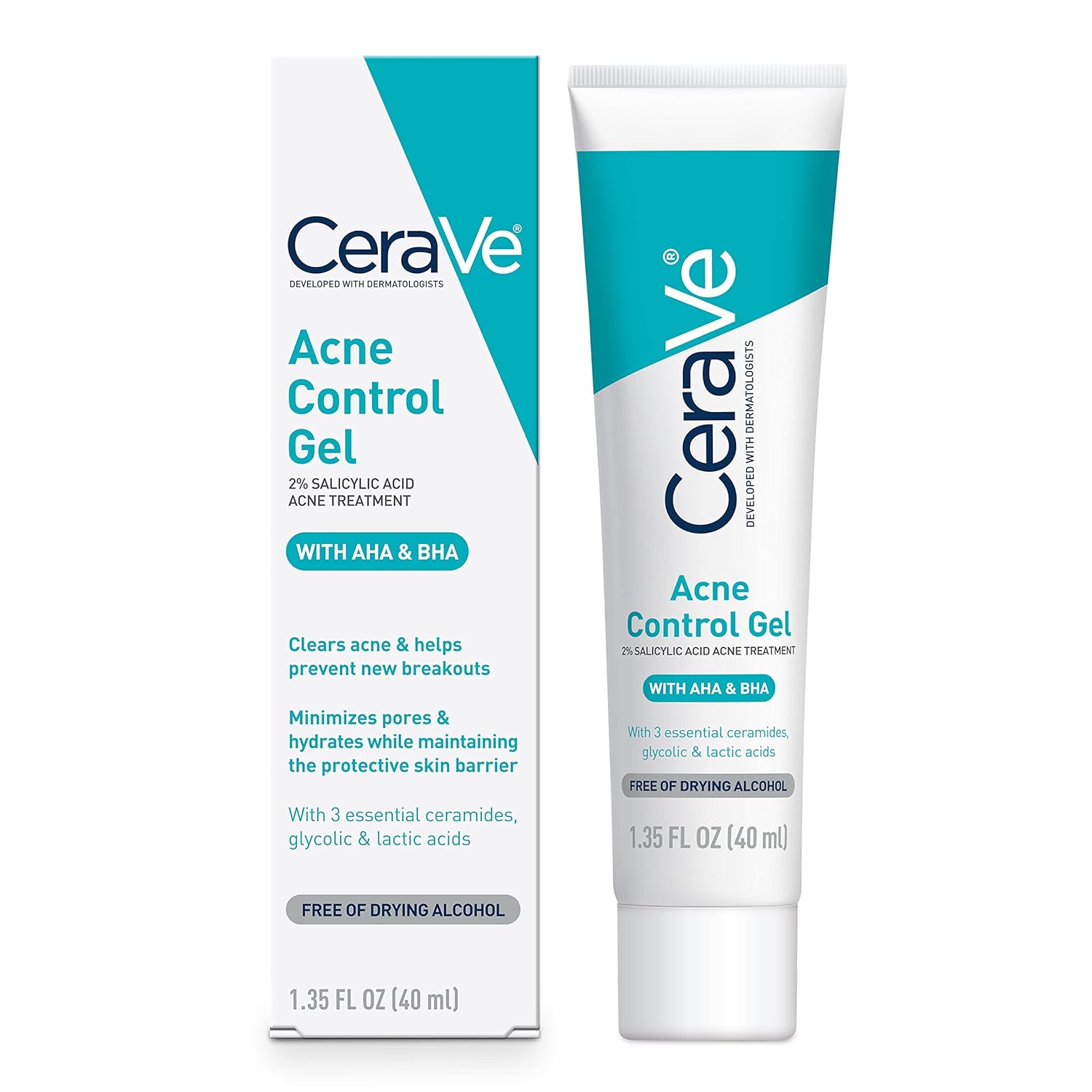 Cerave Salicylic Acid Acne Treatment With Glycolic Acid And Lactic Acid | Aha/Bha Acne Gel For Face To Control And Clear Breakouts |1.35 Ounce