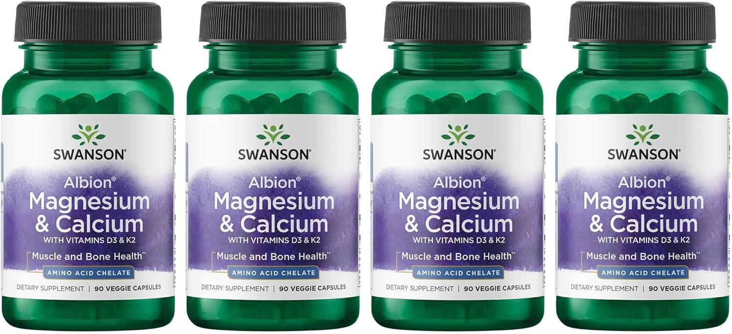 Swanson Albion Chelated Magnesium '&' Calcium 2:1 90 Veg Capsules (4 Pack)