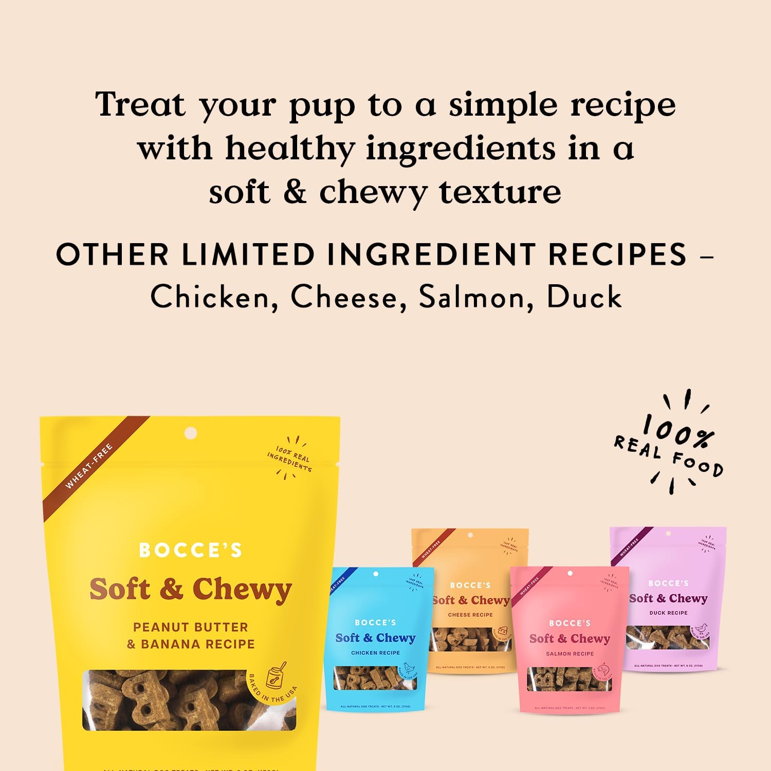 Bocce's Bakery Oven Baked PB & Banana Recipe Treats for Dogs, Wheat-Free Everyday Dog Treats, Real Ingredients, Baked in The USA, All-Natural Soft & Chewy Cookies, Peanut Butter & Banana, 6 oz : Pet Supplies