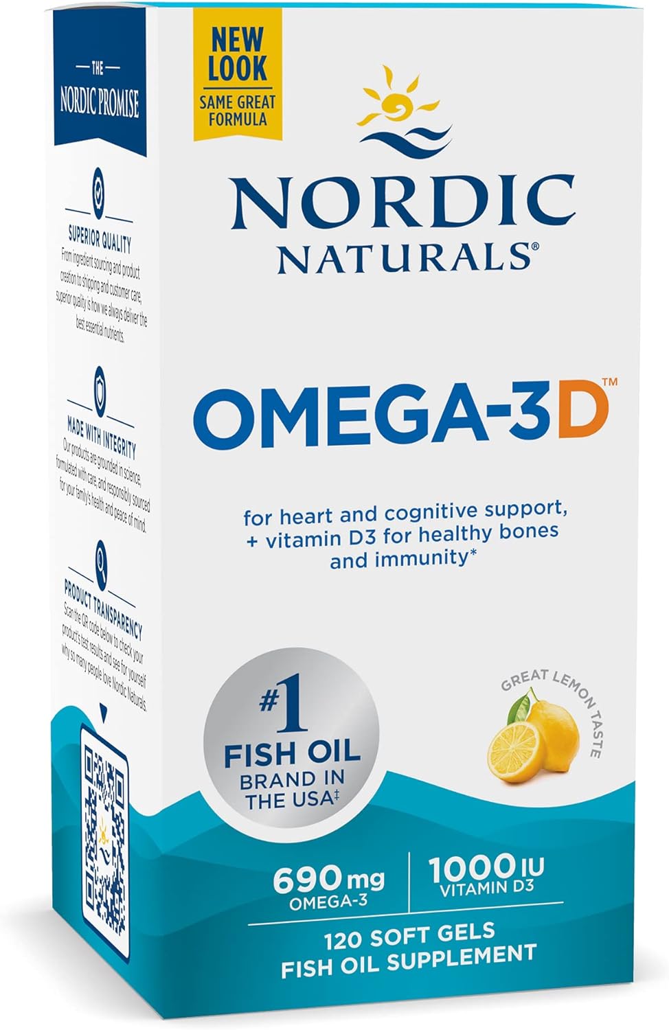 Nordic Naturals Omega-3D, Lemon Flavor - 120 Soft Gels - 690 mg Omega-3 + 1000 IU Vitamin D3 - Fish Oil - EPA & DHA - Immune Support, Brain & Heart Health, Healthy Bones - Non-GMO - 60 Servings