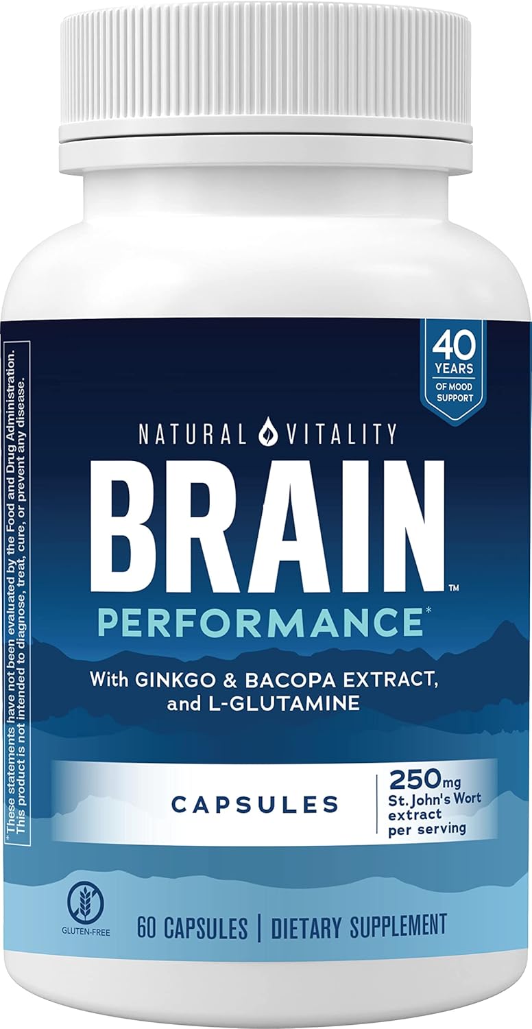 Natural Vitality Brain Performance, With Ginkgo And Bacopa Extract, L-Glutamine And St. Johns Wort; Helps Support Cognition, Attention And Working Memory; Gluten Free; 60 Once-Daily Capsules
