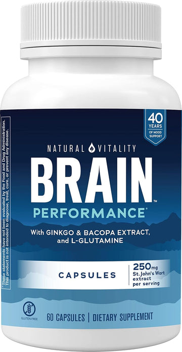 Natural Vitality Brain Performance, With Ginkgo And Bacopa Extract, L-Glutamine And St. Johns Wort; Helps Support Cognition, Attention And Working Memory; Gluten Free; 60 Once-Daily Capsules
