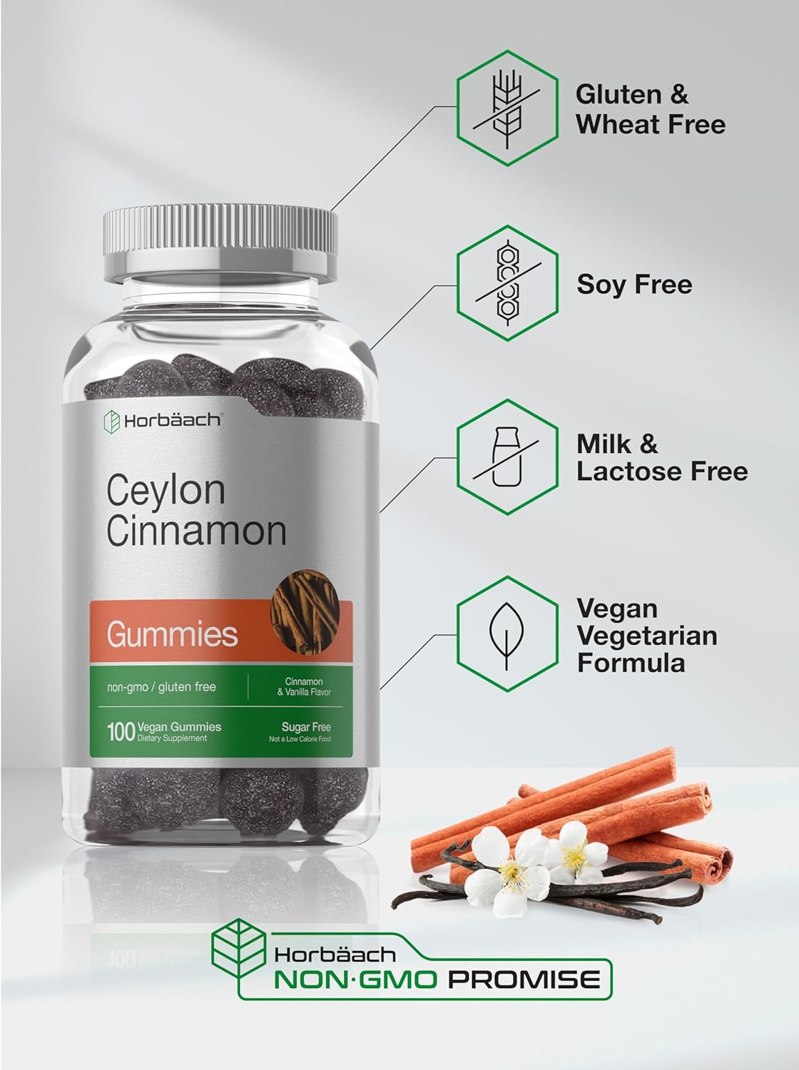 Horbaach Sugar Free Ceylon Cinnamon Gummies 2000mg | 100 Count | Vegan, Non-GMO, Gluten Free | Cinnamon & Vanilla Flavor : Health & Household