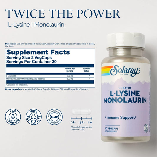 Solaray L-Lysine Monolaurin Immune Support Supplement, 1:1 Ratio For Immune System Function, Skin And Gut Health Support, 500 Mg Each, 60-Day Money Back Guarantee, 30 Servings, 60 Vegcaps