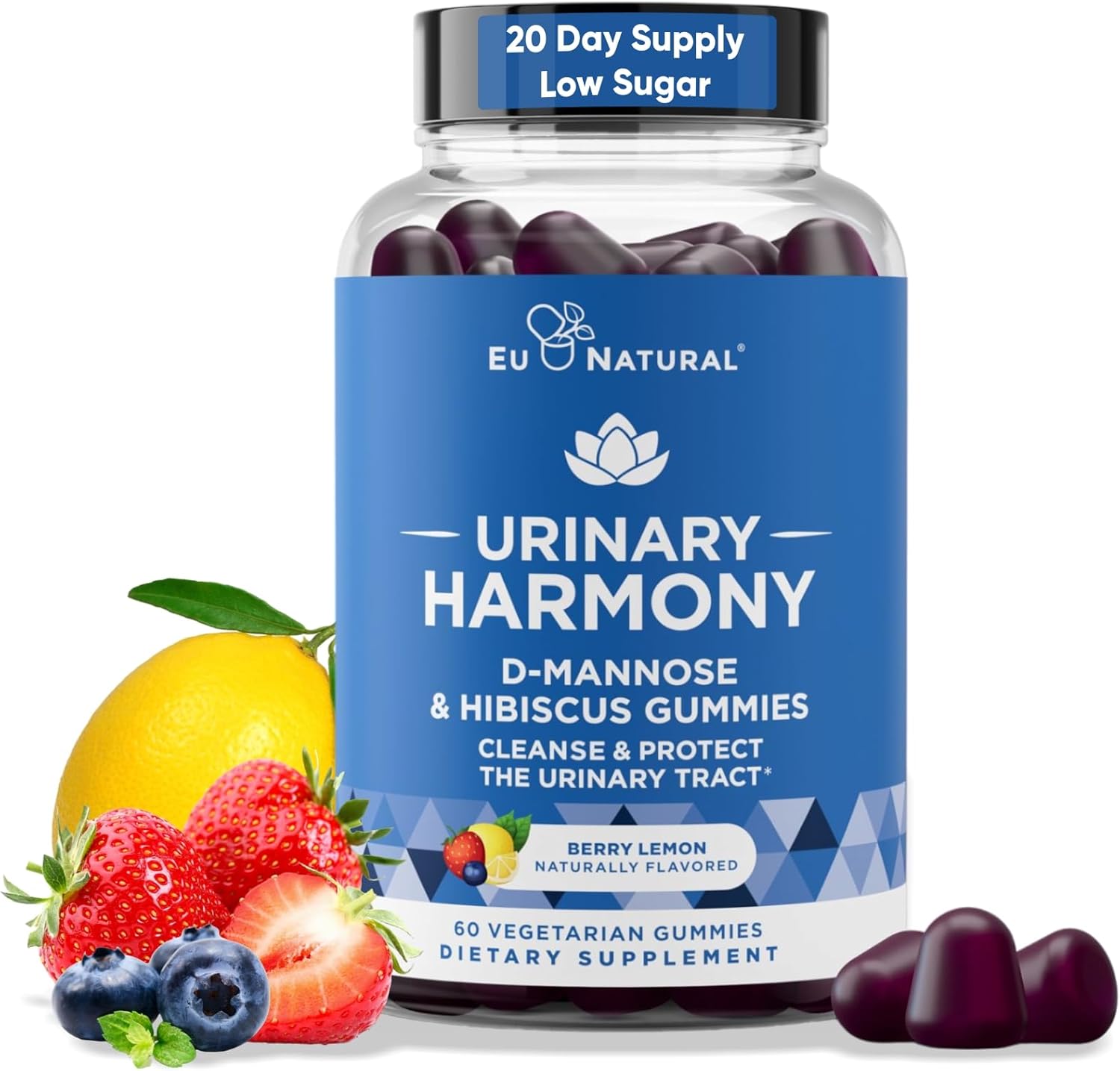 Urinary Harmony D Mannose Gummies For Urinary Tract Health – D-Mannose & Hibiscus Cleanse, Flush & Protect The Urinary System – Potent Formula, Drug Free – 60 Berry Lemon Flavor Gummies, 20 Day Supply