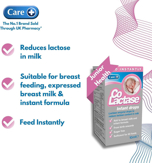 Care Co-Lactase, Sugar Free, Instant Feed Lactase Enzyme Drops, Suitable From Birth Onwards, Infant Drops, Reduces Bloating And Wind, 10Ml Drops