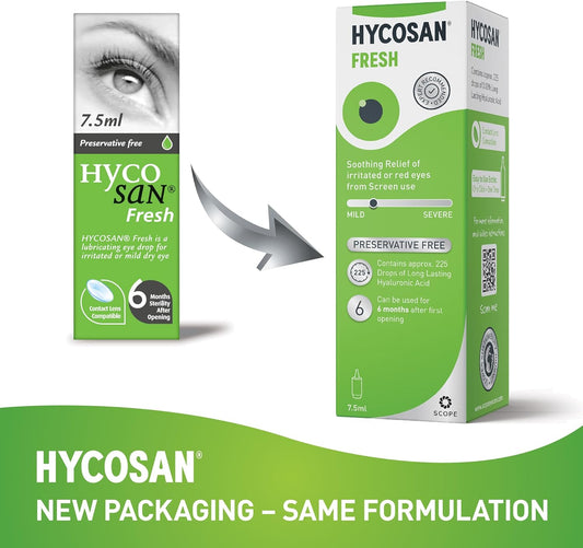 Hycosan Fresh - Triple Pack - Eye Drops With Hyaluronic Acid For Soothing Relief Of Mild Dry Eyes, Irritation, Or Redness From Screen Use - Preservative Free - 3X225 Measured Doses