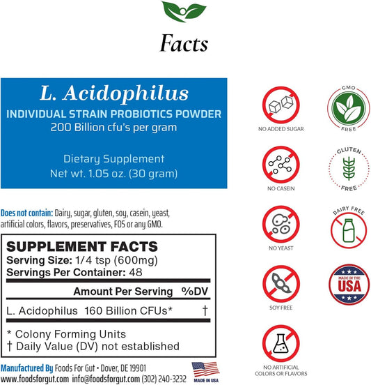 Lactobacillus Acidophilus Probiotic Powder 200 Billion Cfu'S | Made In Usa | No Additives | Digestive & Immune Support | High Potency | L. Acidophilus | 30 Grams (1.05 Oz)