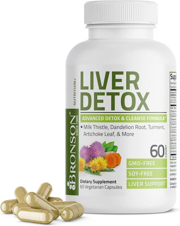 Bronson Liver Detox Advanced Detox & Cleansing Formula Supports Health Liver Function With Milk Thistle, Dandelion Root, Turmeric, Artichoke Leaf & More, Non-Gmo, 60 Vegetarian Capsules