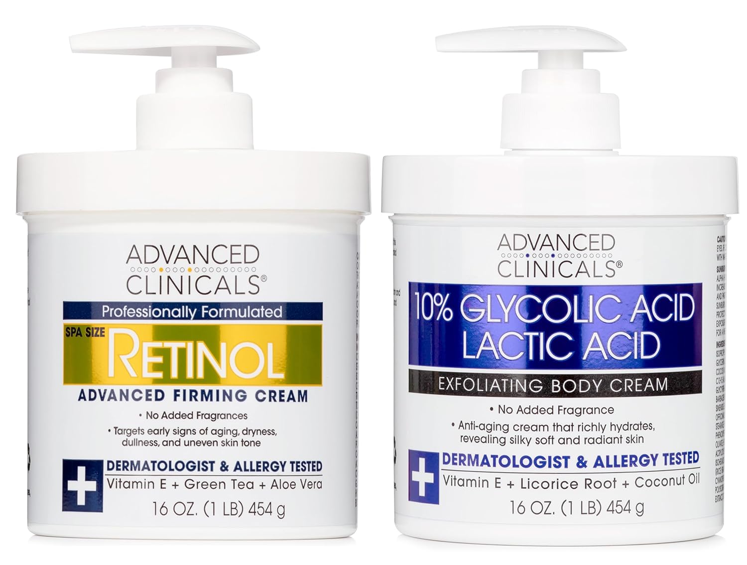 Advanced Clinicals Retinol Body Cream Moisturizer + Exfoliating 10% Glycolic Acid & Lactic Acid Lotion 2Pc Skincare Set For Women & Men To Reduce Appearance Of Crepey Skin & Uneven Rough Skin Texture
