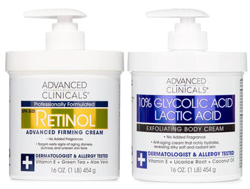 Advanced Clinicals Retinol Body Cream Moisturizer + Exfoliating 10% Glycolic Acid & Lactic Acid Lotion 2Pc Skincare Set For Women & Men To Reduce Appearance Of Crepey Skin & Uneven Rough Skin Texture