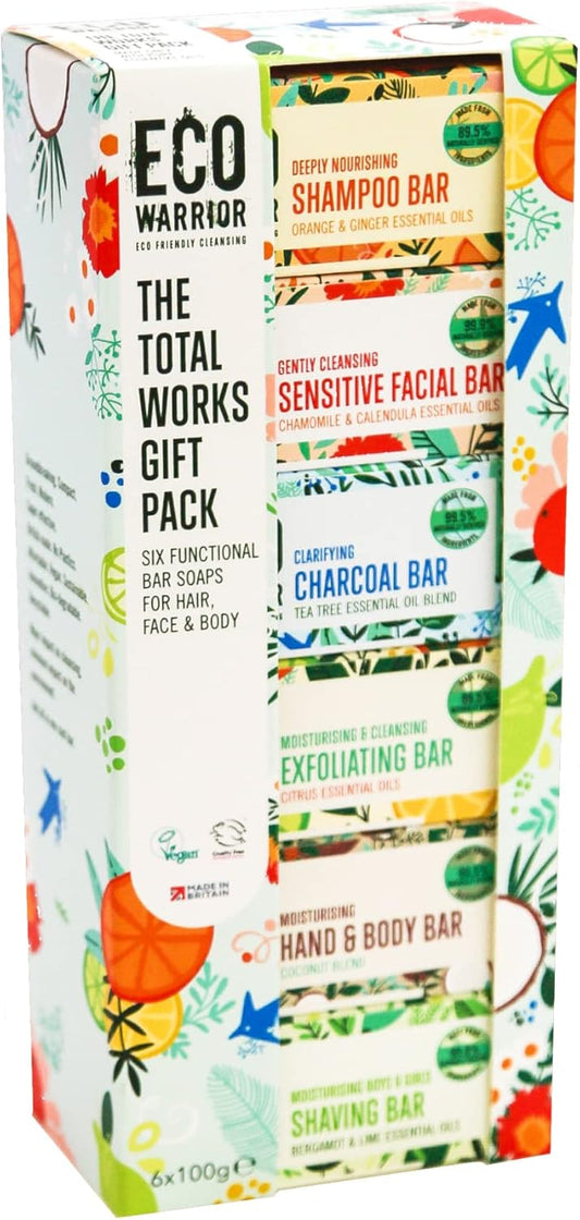 Eco Warrior Total Works Gift Pack - Shampoo Bar, Sensitive Face Bar, Hand & Body, Charcoal, Exfoliating And Shaving Soap - Natural, Eco Friendly, Vegan, Cruelty Free Soap Bars, 100G (Pack Of 6)