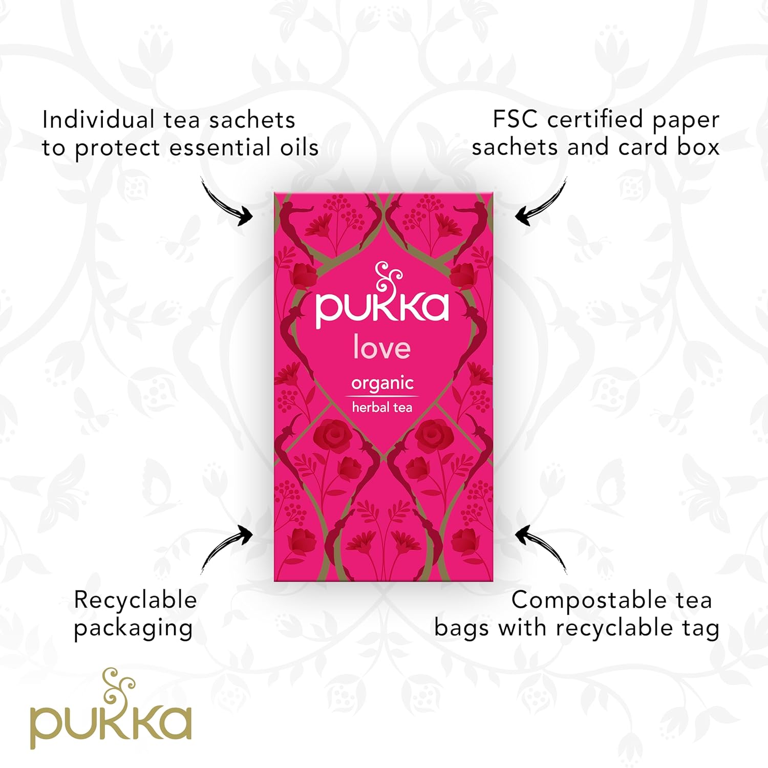 Pukka Herbal Teas Love Organic Rose Chamomile And Lavender Tea - Caffeine Free - 20 Bags