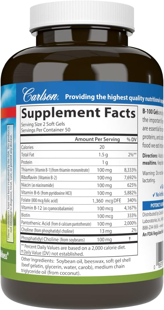 Carlson - B-100 Gels, High-Potency Vitamin B Complex, Energy Production, Cellular Support & Optimal Wellness, 100 Softgels
