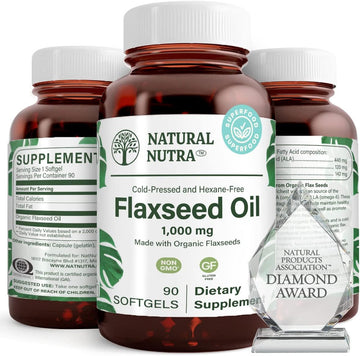 Natural Nutra Organic Flaxseed Oil Softgels, Omega 3 6 9, Hair Growth, Immune System, Cardiovascular Health Supplement, 1000 mg, 90 Capsules