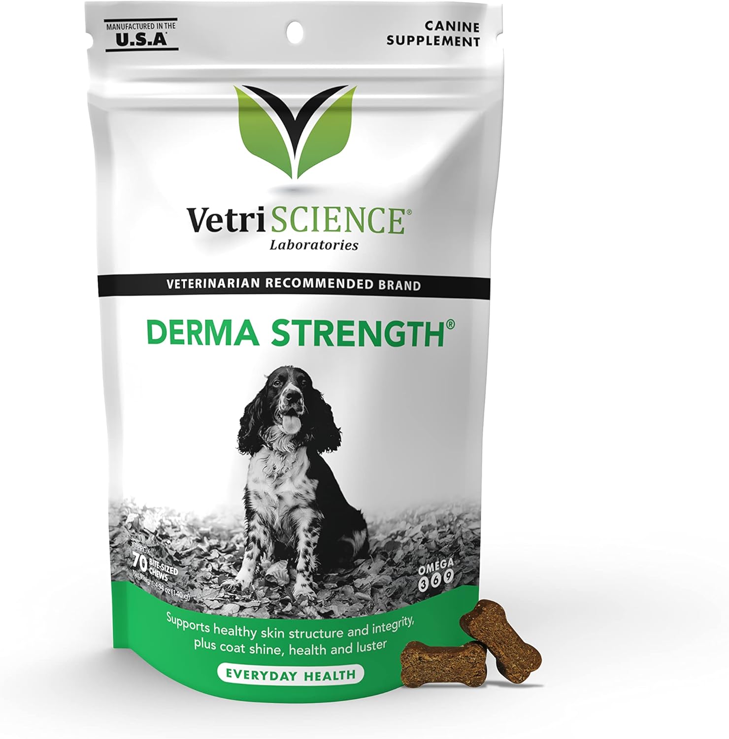 VetriScience Derma Strength Healthy Skin and Coat Chews with Omega 3, 6 and 9 for Dogs, 70 Chews - Can Reduce Shedding and Support Skin Health