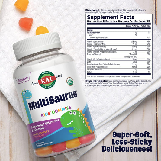 KAL MultiSaurus Multivitamin Gummies, USDA Organic Multivitamin for Kids, Healthy Bones, Immune & Energy Support, Vegan & Gluten Free, No Artificial Flavors or Colors, 30 Servings, 60 Gummies