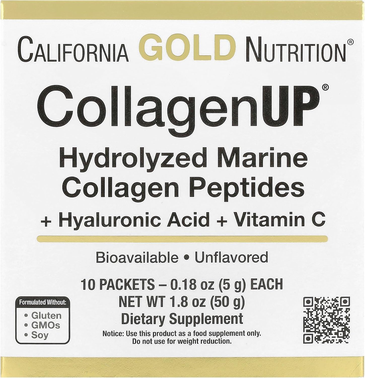Collagen Peptides Powder With Hyaluronic Acid, Support For Healthy Hair, Skin, Nails, Joints And Bones, Non-Gmo, Gluten And Dairy Free, Unflavored, 10 Packets, 0.18 Oz (5.16 G) Each