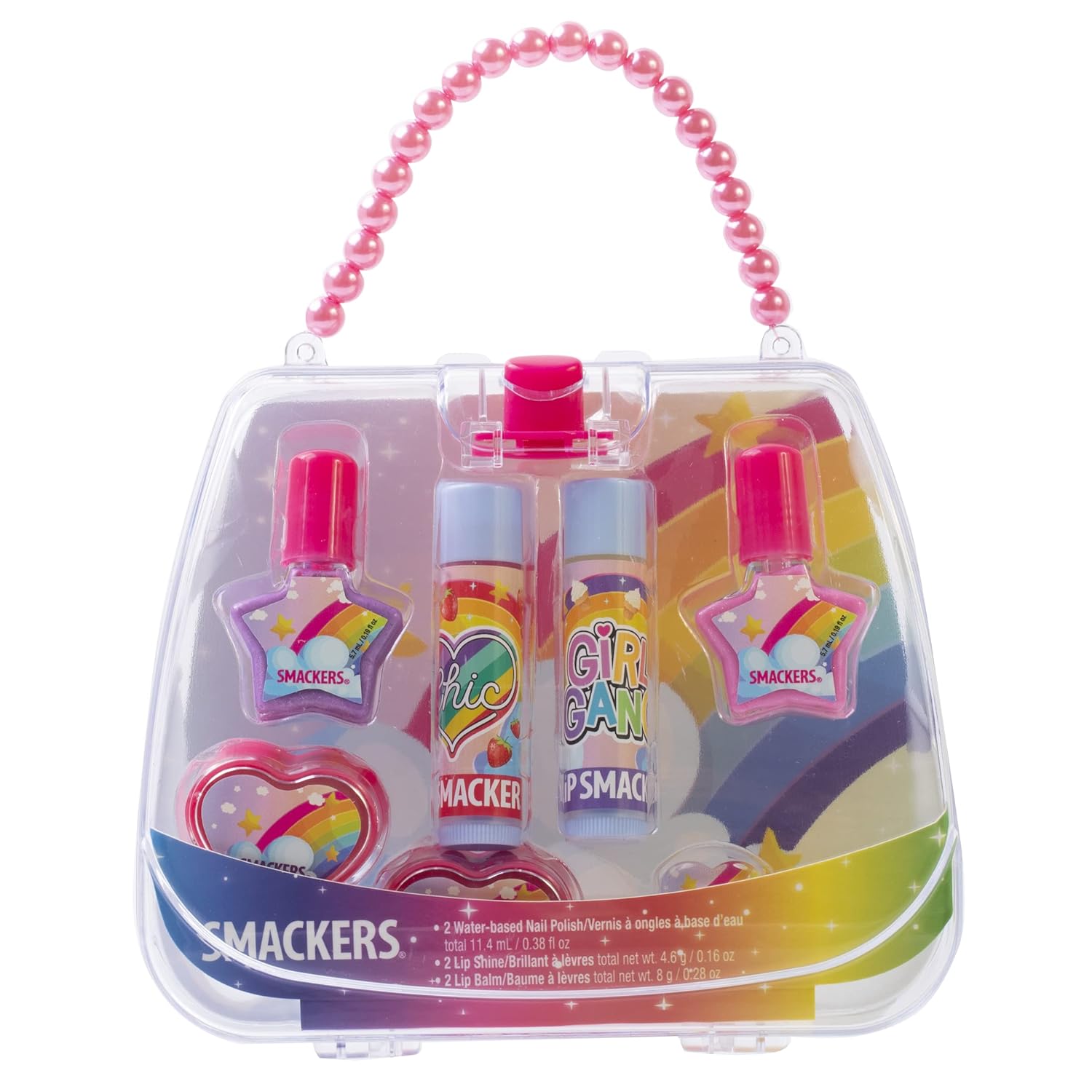 Lip Smacker Rainbow Nail Polish & Flavored Lip Balm Makeup Bag For Girls | Tote | Purse | Christmas Make Up Collection | Holiday Present | Gift For Kids Set Of 7