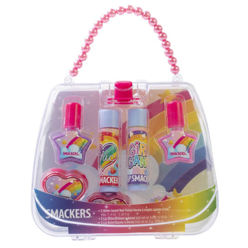 Lip Smacker Rainbow Nail Polish & Flavored Lip Balm Makeup Bag For Girls | Tote | Purse | Christmas Make Up Collection | Holiday Present | Gift For Kids Set Of 7
