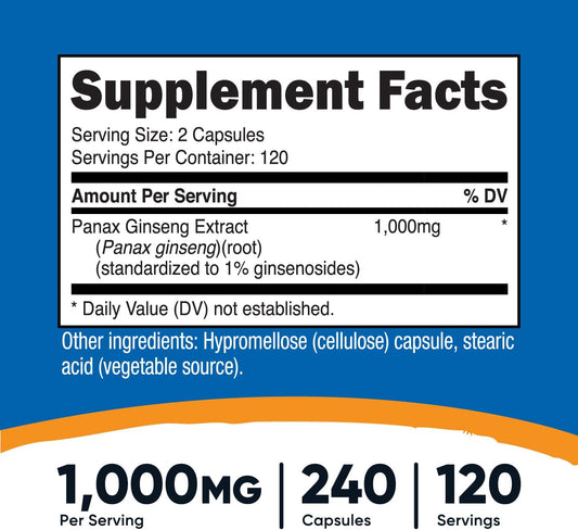 Nutricost Panax Ginseng 1000Mg, 240 Capsules - Non Gmo, Gluten Free, 120 Servings