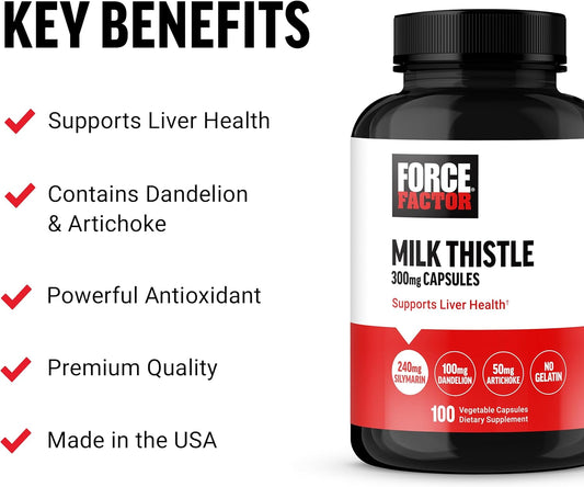 FORCE FACTOR Milk Thistle Liver Support Formula with Dandelion Root and Artichoke, 300mg Silymarin Milk Thistle Supplement for Liver Health and Liver Detox, 100 Vegetable Capsules