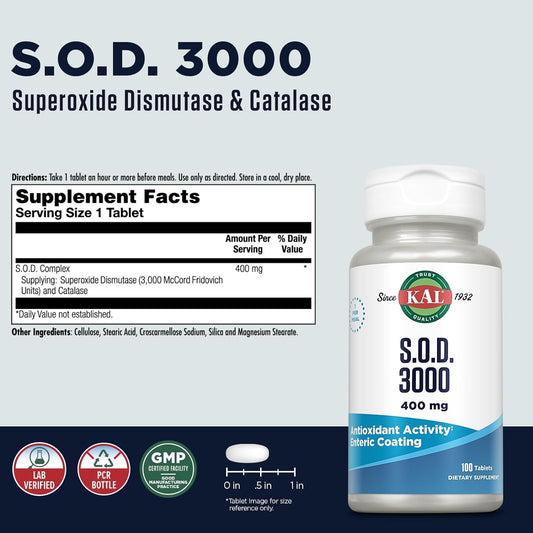 KAL S.O.D. 3000 Antioxidant Supplement 400mg, Superoxide Dismutase (SOD), Beef Liver Source, Super Antioxidant Support, Enteric Coated for Maximum Assimilation, 60-Day Guarantee, 100 Serv, 100 Tablets