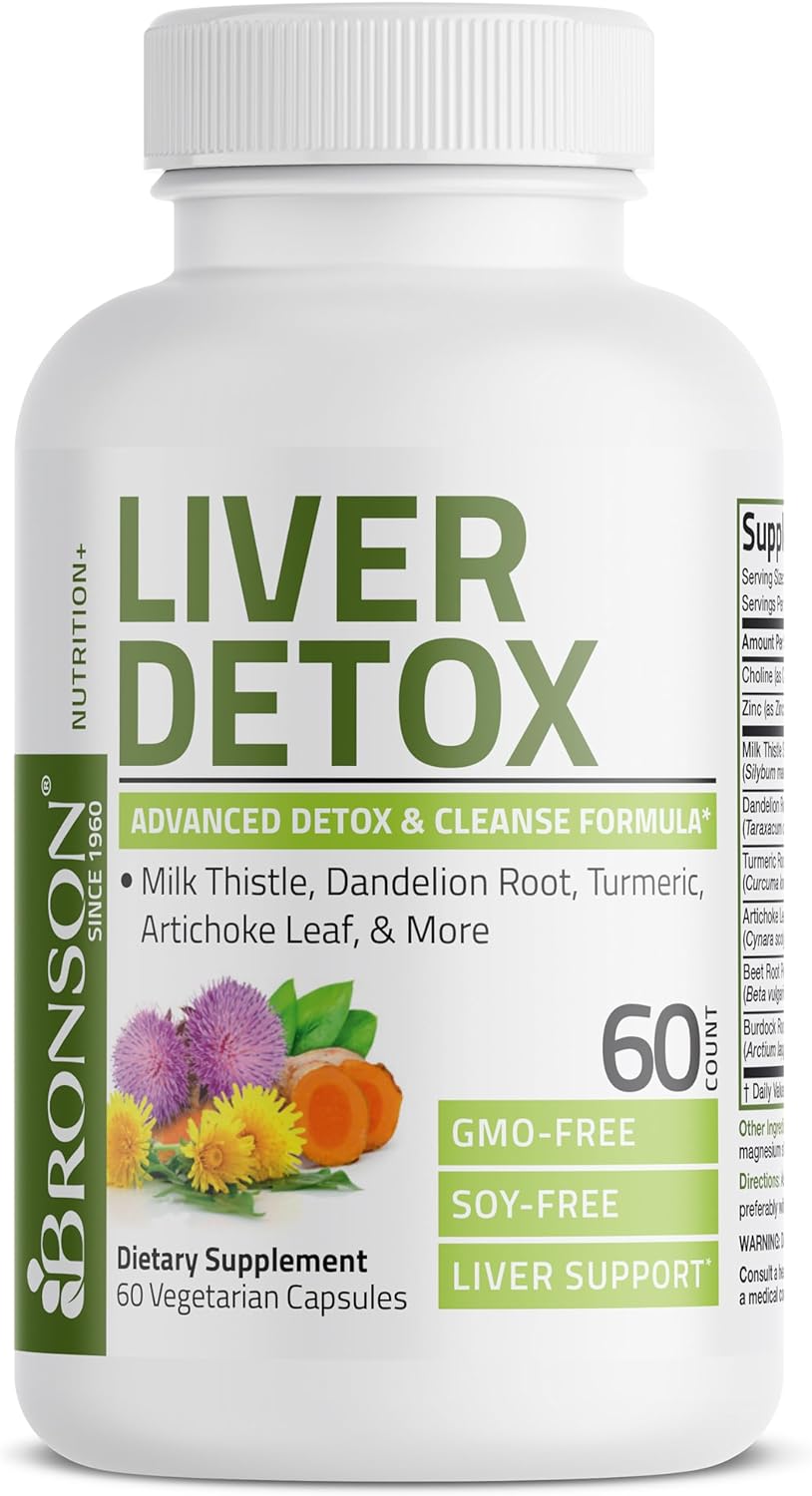 Bronson Liver Detox Advanced Detox & Cleansing Formula Supports Health Liver Function with Milk Thistle, Dandelion Root, Turmeric, Artichoke Leaf & More, Non-GMO, 60 Vegetarian Capsules : Health & Household