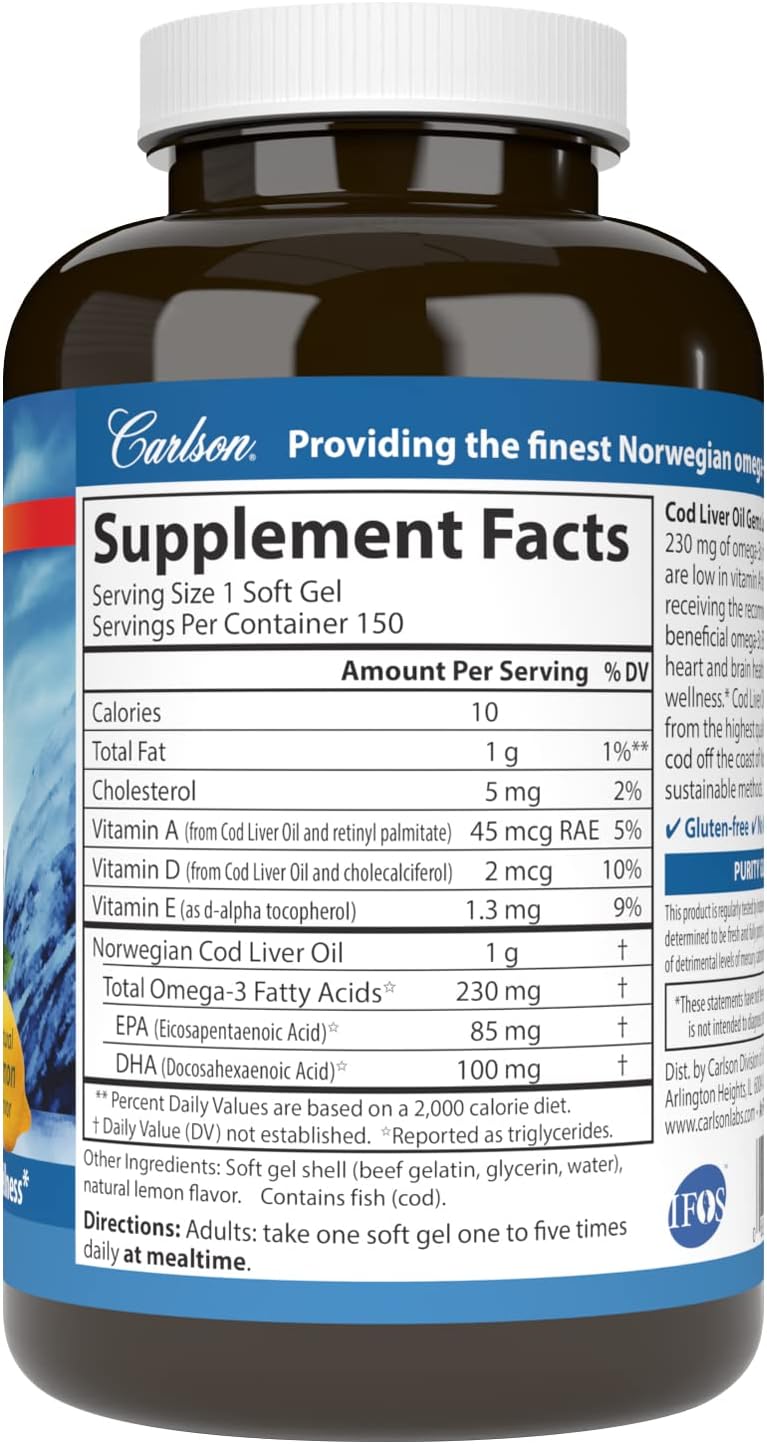 Carlson - Cod Liver Oil Gems, Low Vitamin A, 230 mg Omega-3s, Norwegian, Wild Caught, Sustainably Sourced, 150 Softgels