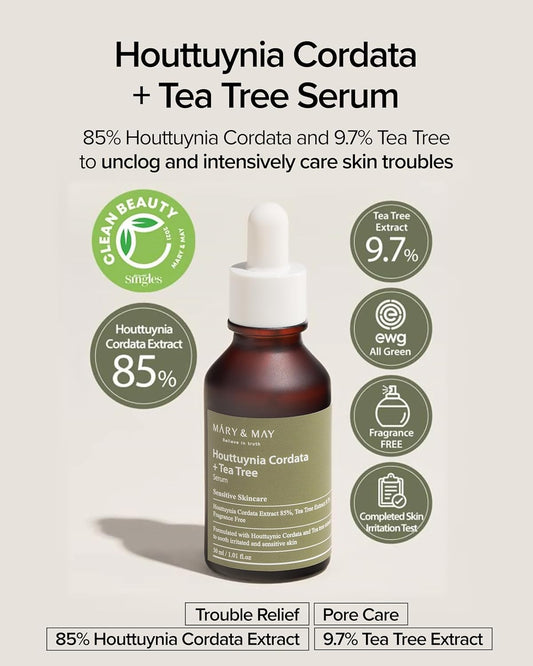 Mary&May Houttuynia Cordata + Tea Tree Serum - Effective Pore Clearing And Acne Treatment Face Serum - Non-Sticky Formula For Improved Skin Barrier And Calm Skin - Fragrance Free, 1.01 Fl.Oz