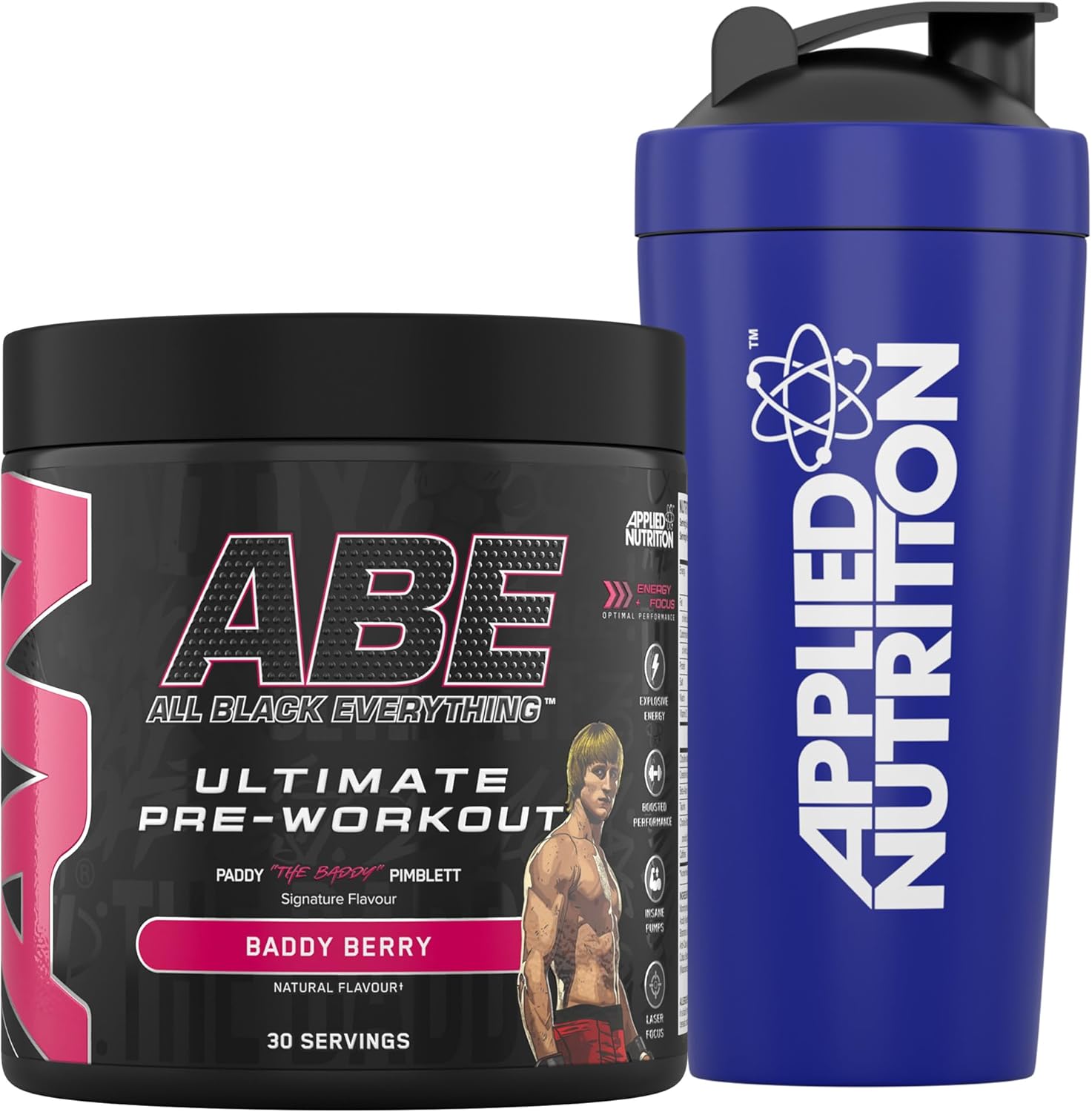 Applied Nutrition Bundle Abe Pre Workout 375G + 750Ml Steel Protein Shaker | All Black Everything Pre Workout Powder, Energy & Physical Performance With Creatine, Beta Alanine (Bubblegum Crush)