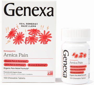 Genexa Arnica Tablets For Pain Relief Formula | Alleviate Muscle & Joint Pain, Soreness, & Stiffness | Delicious Organic Grape Flavor | Homeopathic Remedy Made Clean | 100 Chewable Tablets