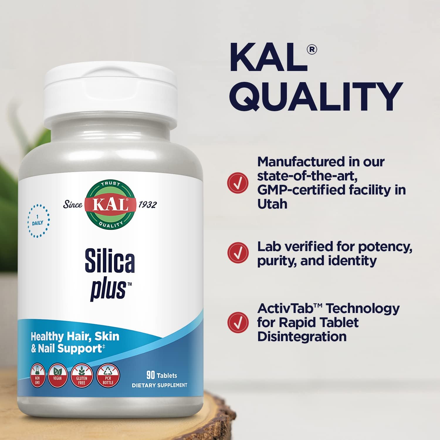 KAL Silica Plus, Silica Gel with Horsetail Extract, Healthy Hair, Skin & Nails Support, Maximum Absorption, Vibrant Hair, Glowing Skin Supplement, Vegan, Gluten Free, 90 Serv, 90 Quick Dissolve Tabs : Health & Household