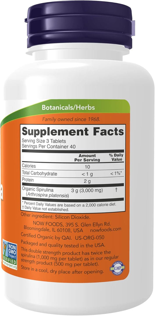 NOW Supplements, Certified Organic, Spirulina 1000 mg (Double Strength), Rich in Beta-Carotene (Vitamin A) and B-12 with naturally occurring GLA , 120 Tablets