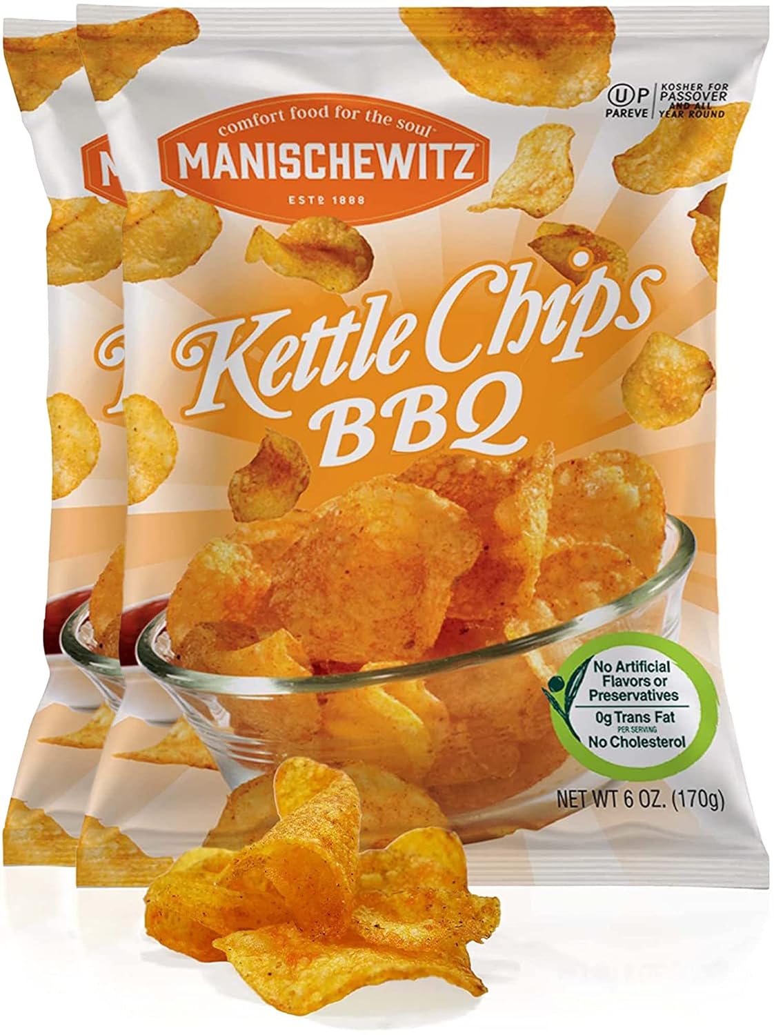 Manischewitz Kettle Cooked BBQ Potato Chips 6oz | No MSG, Kosher for Year Round use Including Passover